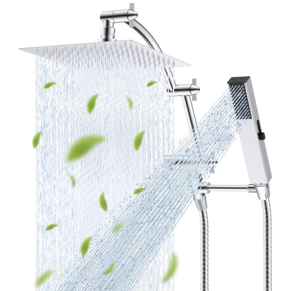 Hibbent Shower Head Combo Chrome 8x8 Rainfall Handheld 4 Spray High Pressure